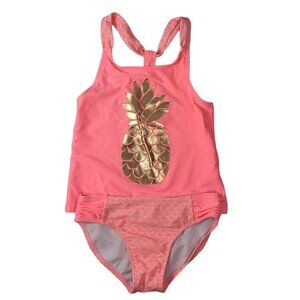 2/$15 Cat & Jack 2 PC Tankini Swimsuit Pink Gold SZ 7 Medium Racerback Pineapple